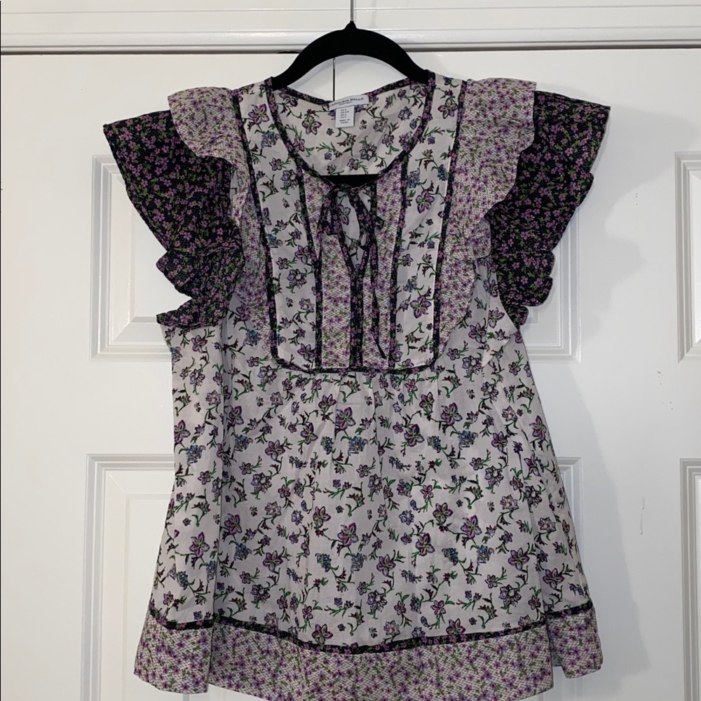 Carolina Belle Floral Babydoll Cottage Ruffle Purple Short Sleeve Top size Small